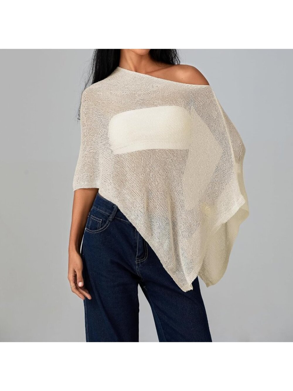 〽️Women Light Yellow Sheer Poncho Top Knit Crochet Lightweight See Through Shawl